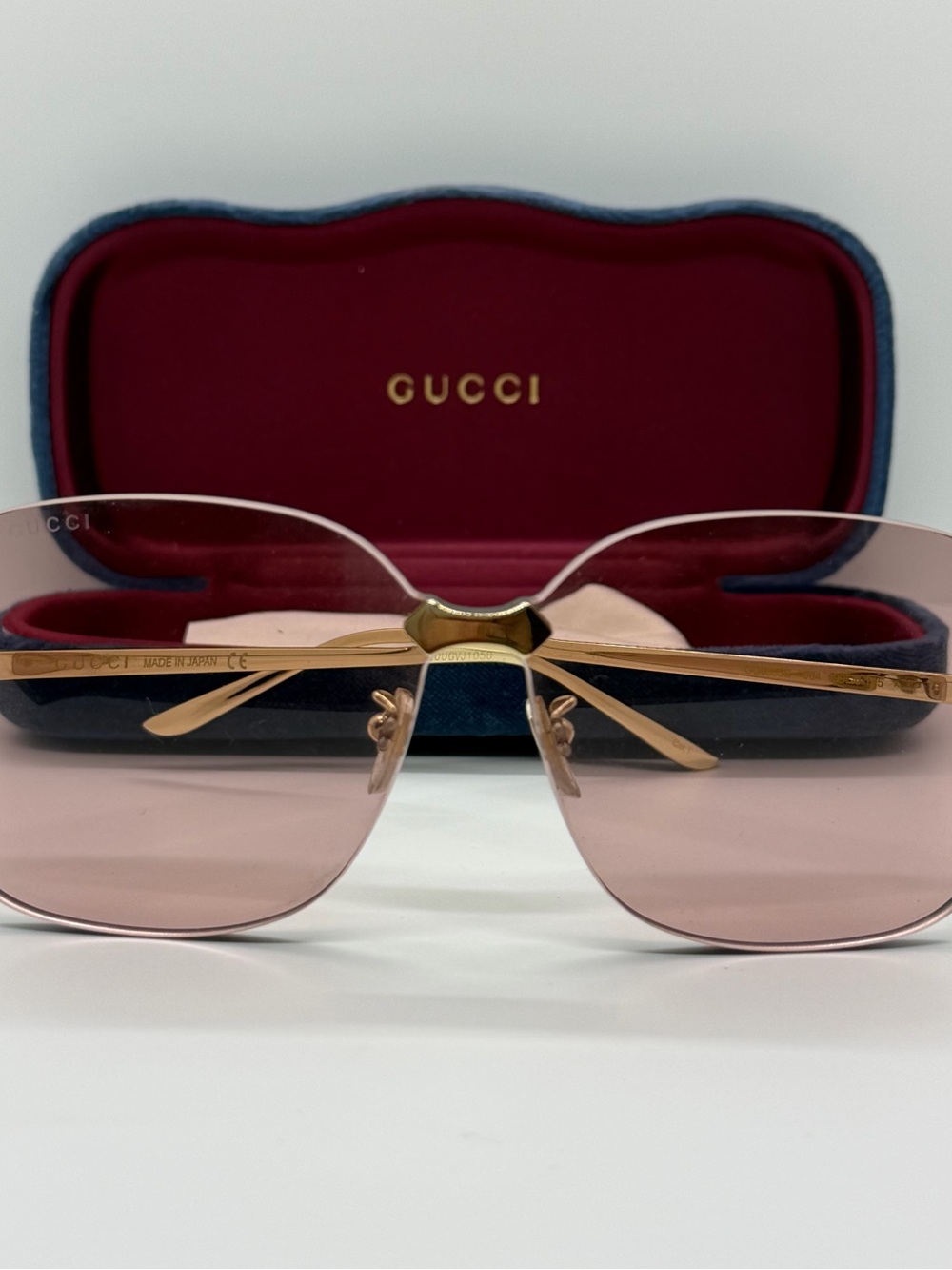 Gucci Gold-Trim Rimless Sunglasses with Rose Lenses